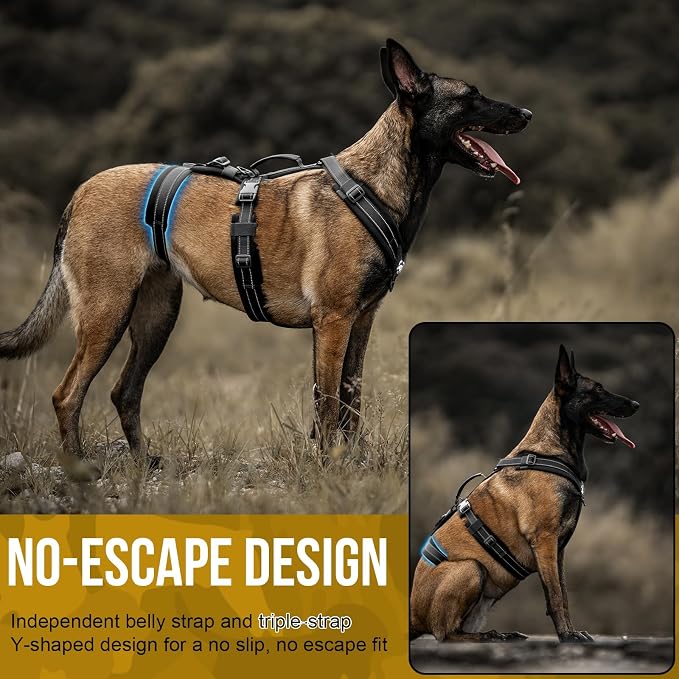 OneTigris Dog Harness No Pull Adjustable Tactical Harness with Soft Padding | Y-Shaped Reflective High-tensile Nylon, 1 Handle, 3 D-rings Easy Walk Dog Harness for Medium Large Dogs Easy on/off Tactical