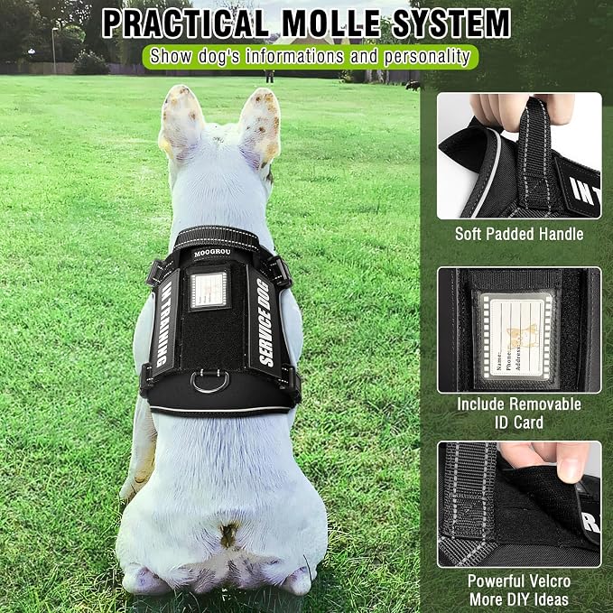 Tactical Dog Harness and Leash Set Medium Sized Dog+10 Dog Patches | Adjustable No Pull Service Animal Dog Vest with Dog Seat Belt,Padded Handles,Reflective Easy Walk for Training Hiking Black M