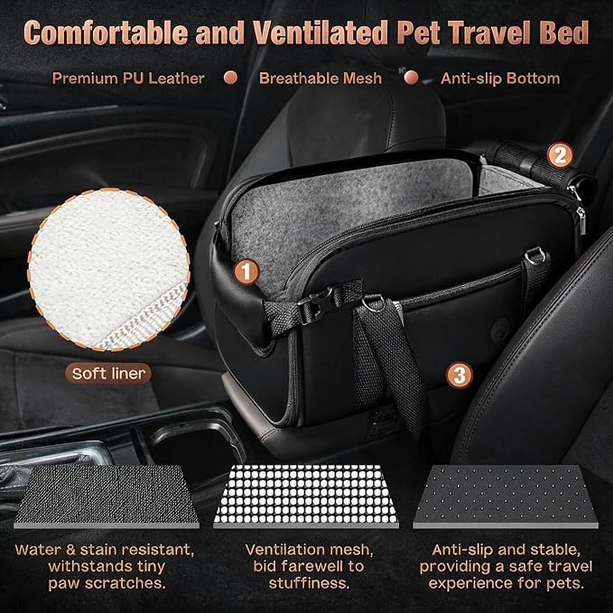 YUDODO 2-12lbs Center Console Dog Car Seat, Pet Booster Seat for Small Dogs | Portable Puppy Cat Seat, PU Leather, Waterproof, Wipe Clean, Safe & Durable, Side Pockets, for Truck & SUV-Width>8in, Black