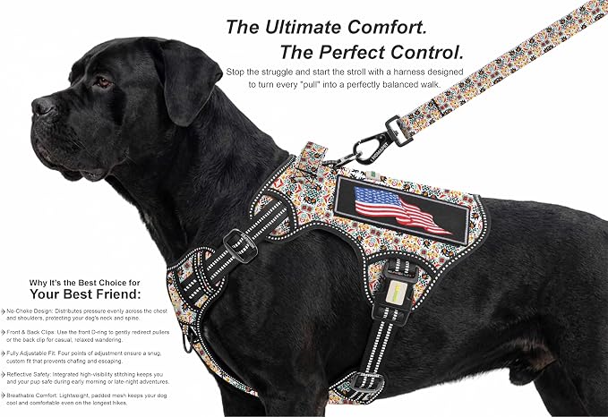 Homapet. Tactical Dog Harness with Dual Leash Attachment Points, Adjustable and Reflective Military Grade Dog Vest with Comfort Control Handle (Floral, XXL)