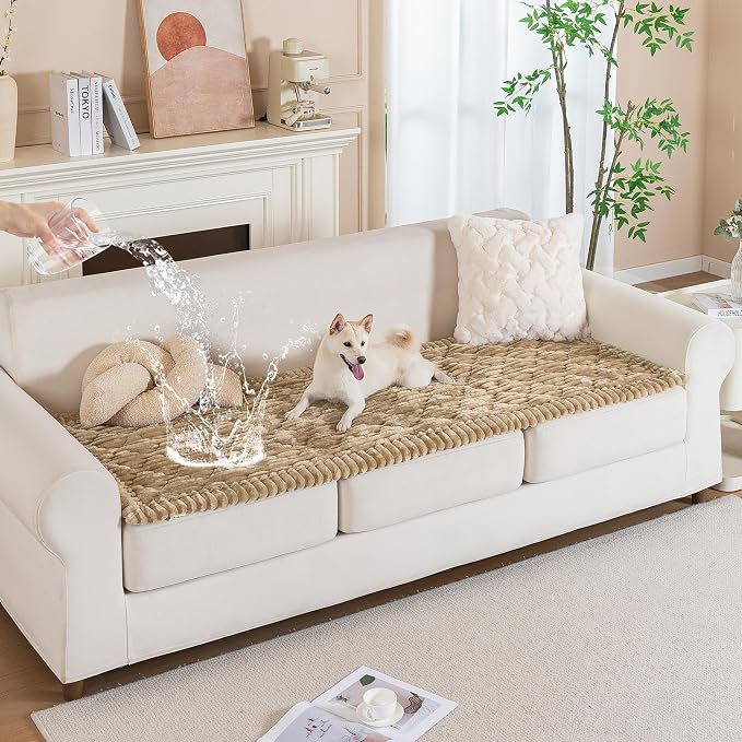 PuTian 100% Waterproof Fuzzy Couch Cover for Dogs Khaki 27.6"x70.9" | Pet Friendly Dog Mat for Couch, Waterproof Sofa Protector, Scratch Resistant Furniture Cover for Dogs, Machine Washable