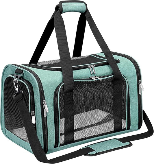Soft-Sided Cat/Dog/Pet Carrier, Collapsible Pets Travel Carriers for Big Cats/Small Dogs with Shoulder Strap & Removable Mat, Mesh Puppy Carry Bag, Up to 25 Lbs (Turquoise)