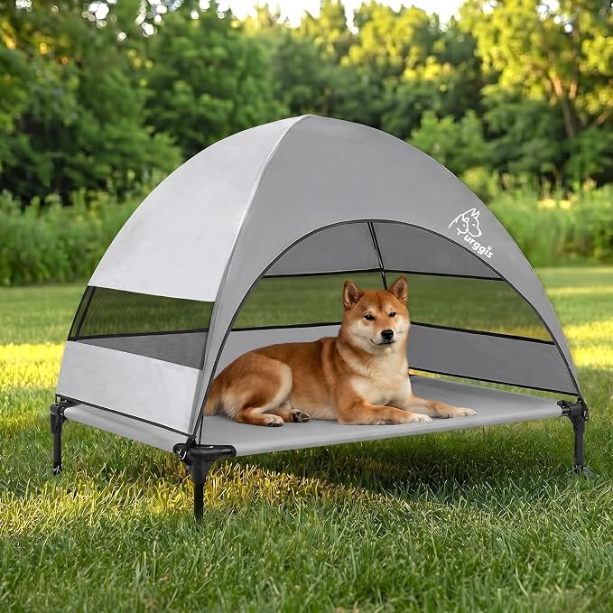 Upgraded Elevated Dog Bed with Canopy, Portable Raised Outdoor Dog Bed with Stable Anti-Slip Feet, Wider Shade Pet Bed Cot, Raised Dog Beds for Large Dogs Camping, Indoor & Outdoor Use