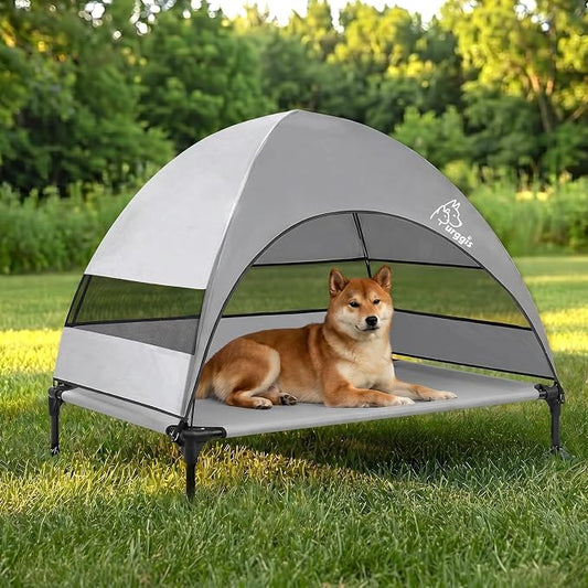 Upgraded Elevated Dog Bed with Canopy, Portable Raised Outdoor Dog Bed with Stable Anti-Slip Feet, Wider Shade Pet Bed Cot, Raised Dog Beds for Large Dogs Camping, Indoor & Outdoor Use