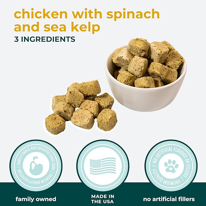 Momentum Carnivore Nutrition Freeze-Dried Chicken, Spinach & Sea Kelp Dog Treats & Cat Treats – Single-Ingredient Recipe, High-Protein, Grain-Free, Natural Superfood Blend – Made in USA – 3 oz Bag