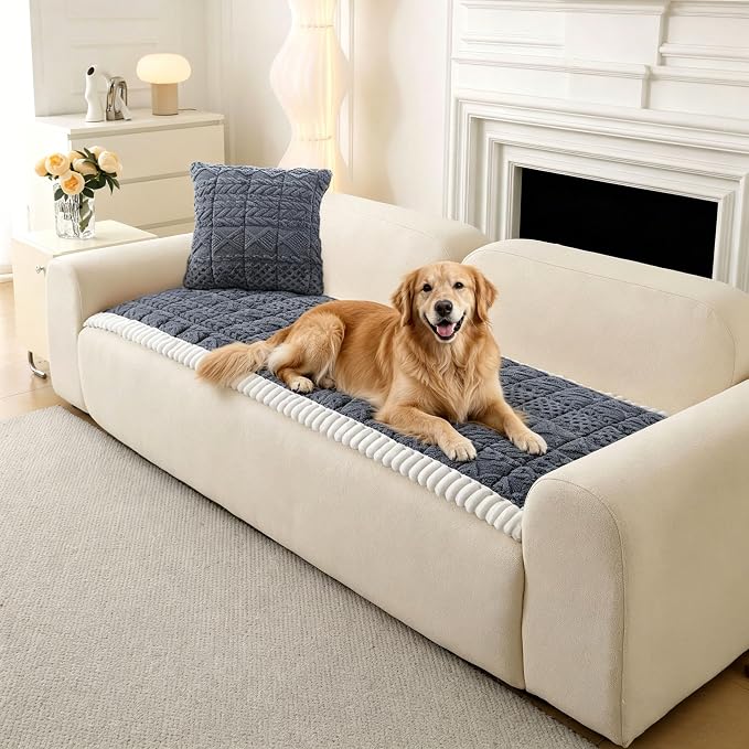 OTOB All Seasons Sofa Covers for 3 Cushion Couch Washable, Geometric Jacquard Fuzzy Non-Slip Pet Couch Cover, Kids Pet Friendly Soft Plush Sofa Slipcovers Dog Bed Mats (Dark Gray, 27.6" x 70.9")