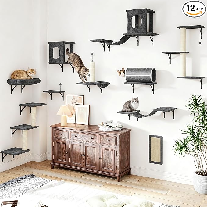 12-in-1 Cat Wall Shelves, Modern Wall-Mounted Cat Furniture, Wooden Climber Includes House, Bridge, Tree, Steps, and Scratcher, Space-Saving Cat Climbing Wall Systems, Dark Gray