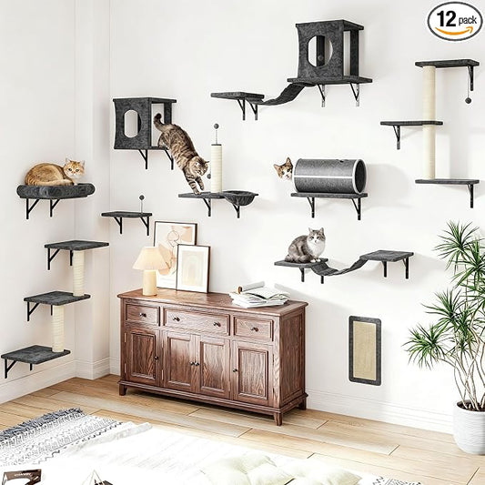 12-in-1 Cat Wall Shelves, Modern Wall-Mounted Cat Furniture, Wooden Climber Includes House, Bridge, Tree, Steps, and Scratcher, Space-Saving Cat Climbing Wall Systems, Dark Gray