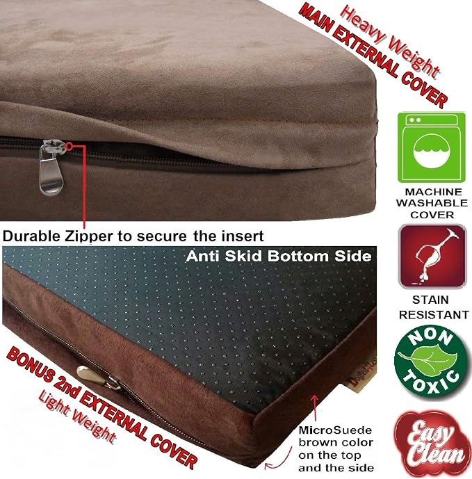 Dogbed4less XXL Waterproof Orthopedic Premium Memory Foam Dog Bed for Large Dogs, Washable Suede Cover and Extra Replacement Case, 55X37X4 Inch, Brown