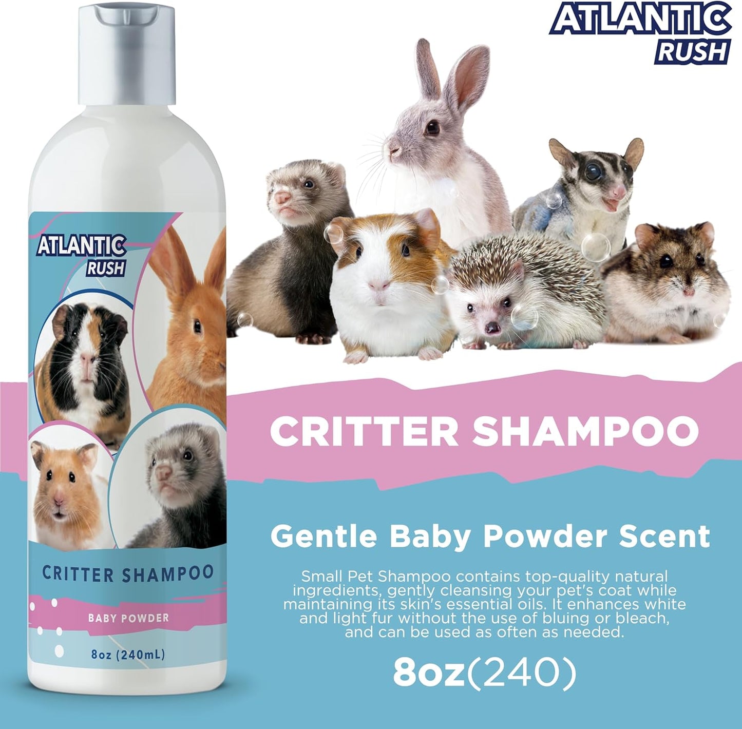 Critter Shampoo for Small Pets - 8oz Small Animal Baby Powder Scented Shampoo - Pet Shampoo for Small Critters Including Ferrets, Guinea Pigs, Rabbits, Hedgehogs, Hamsters & Sugar Gliders