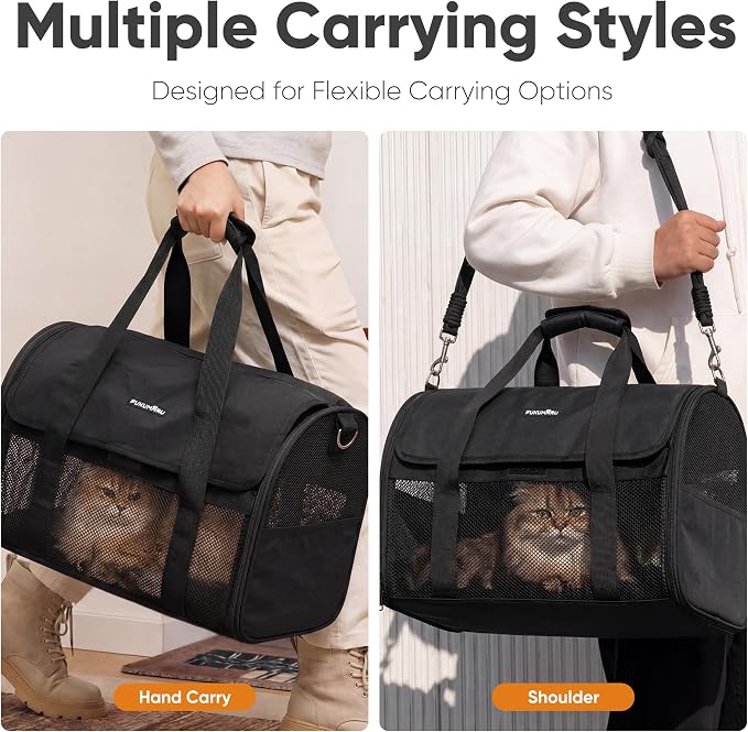 FUKUMARU Cat Carrier, Light & Airy Pet Carrier, 18x11x11 Airline Approved Dog Carrier for Small Dogs, 2-in-1 Shoulder Strap Leash, Collapsible Soft Cat Travel Carrier with Anti-Scratch Mesh, Black