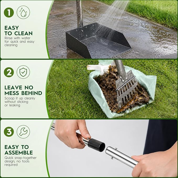 Long Handle Dog Pooper Scooper with Extension & Spare Poles, Stainless Steel Rustproof for Large Medium Dogs Yard Lawn | Ergonomic height adjustment, Four optional configurations, fits various grounds, easy to clean, free gloves & hook