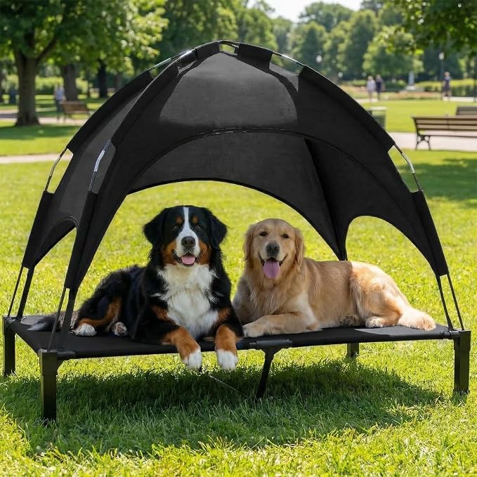 Elevated Dog Bed with Canopy Raised Pet Cot for Large Dogs, Outdoor Dog Cot with Removable Sun Shade Tent, Breathable Mesh Portable Dogs Cot for Camping, Beach, Backyard, Outdoor Use