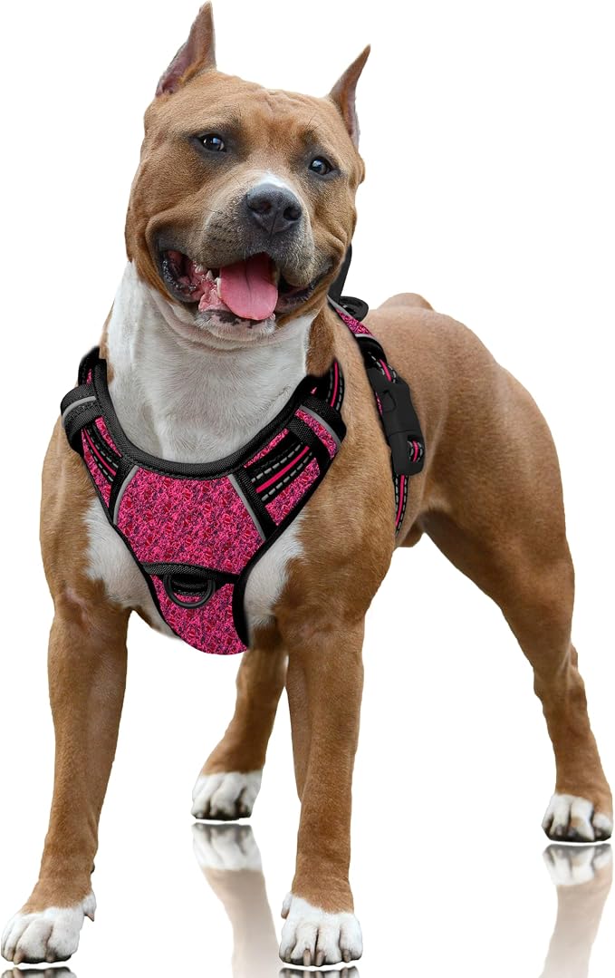BARKBAY No Pull Dog Harness Large Reflective Dog Harness with Front Clip and Easy Control Handle for Walking Training Running with ID tag Pocket(Pink/Black,L)