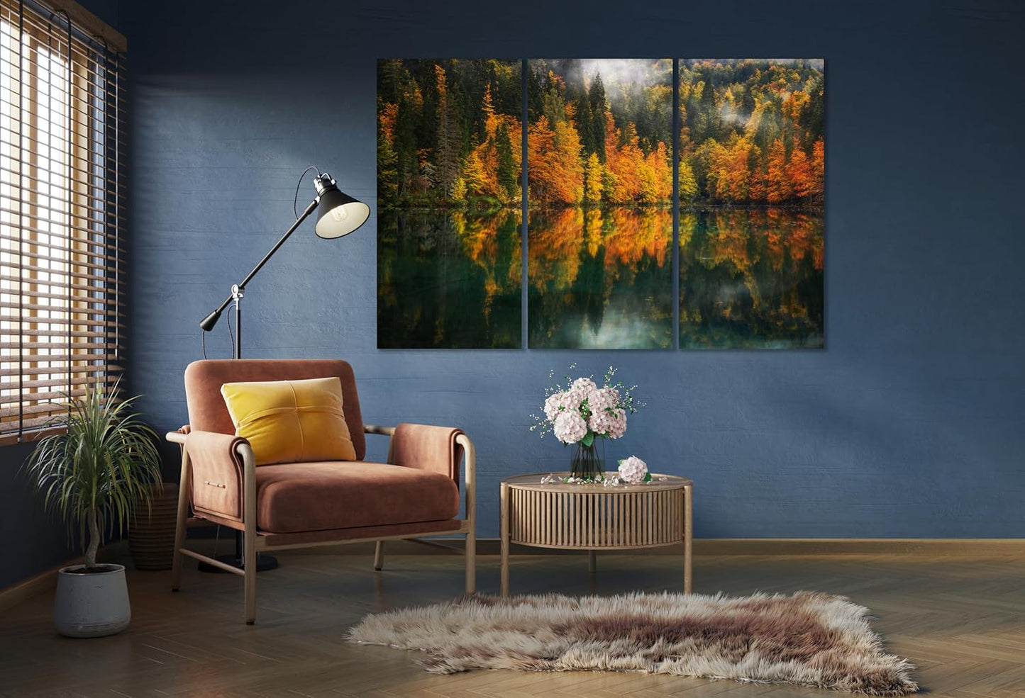 Nature Wall Art Prints - Ocean Forest Mountain Lake Canvas Landscapes - Small to Extra Large Living Room Bedroom Kitchen Bathroom Décor (Autumn by the Lake, 31L" x 47W" - 3 Panels)