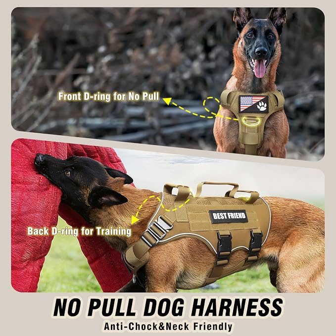 Air Mesh Tactical Dog Harness with Metal Buckles&MOLLE,Brown XL | Breathable Adjustable No Pull Service Dog Vest with 3 Padded Handles,Military Dog Harness for Training Hiking Hunting Working