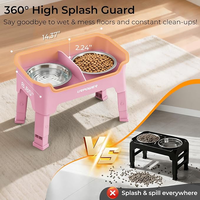 URPOWER Mess Proof Elevated Dog Bowls, Splash Guard Raised Bowl Stand | 4 Adjustable Heights, 2 Stainless Steel Bowls, Food & Water Separation, Non-Slip Base, Foldable Design for Small Dogs
