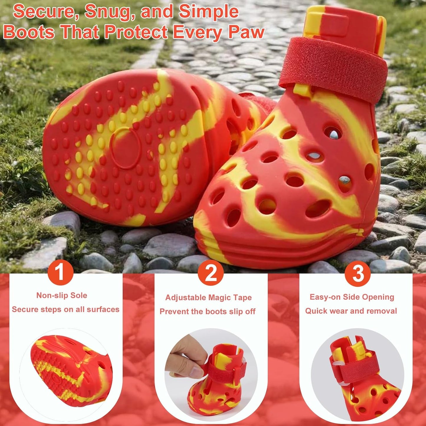 Dog Shoes for Hot Pavement and Snow, Silicone Dog Booties for Small Medium Large Dogs, Waterproof Paw Protectors- Non-Slip, Adjustable Straps, Dog Boots for Beach/Rain/Hiking (Yellow Red, S)