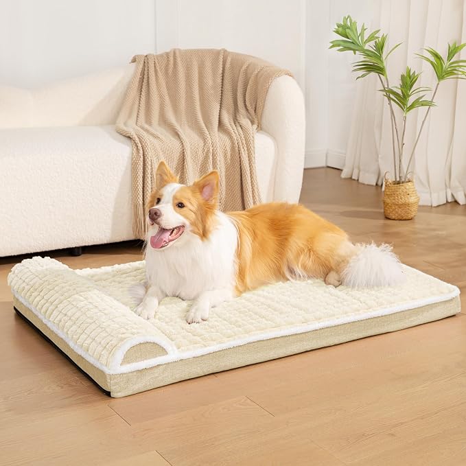 Orthopedic Medium Dog Bed Pillow Pet Sofa Bed 30''X20'' Ivory | Egg-Crate Foam Pet Couch Medium Size Dog, Waterproof Removable Washable Cover,Furry Puppy Crate Mat With Nonskid Bottom
