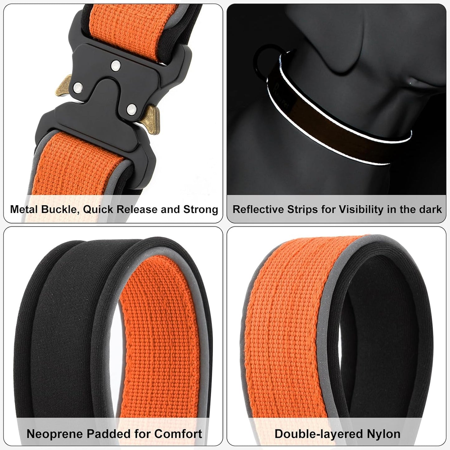 Plutus Pet Tactical Dog Collar, Reflective, Adjustable Heavy Duty Dog Collar, Soft Padded and Comfortable, for Small Medium and Large Dogs (Orange, XL)