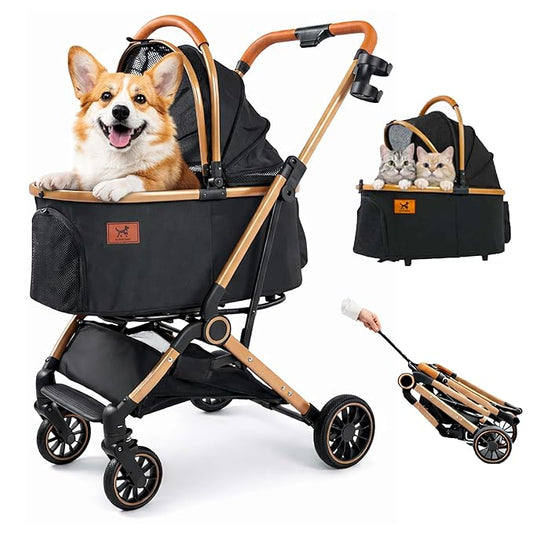 6-in-1 Foldable Dog Stroller for Small to Medium Dogs & Cats | Frame Supports up to 50 lbs, Luxury Black & Gold Pet Stroller with Detachable Carrier, Foldable Travel Stroller, 360° Wheels