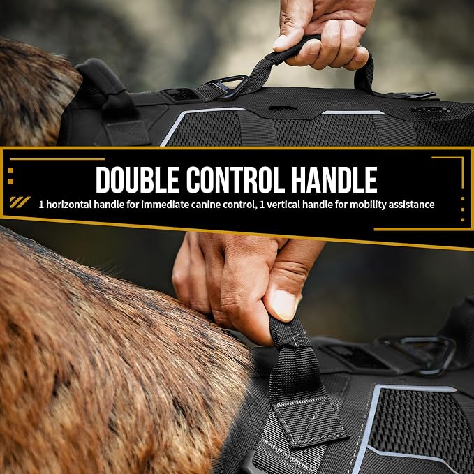 OneTigris Tactical Dog Harness for Large Dogs, Adjustable Tactical Dog Harness with Handles, Reflective Vest Heavy Duty & Breathable Military Assistance Vest with No Pull Buckle, Black