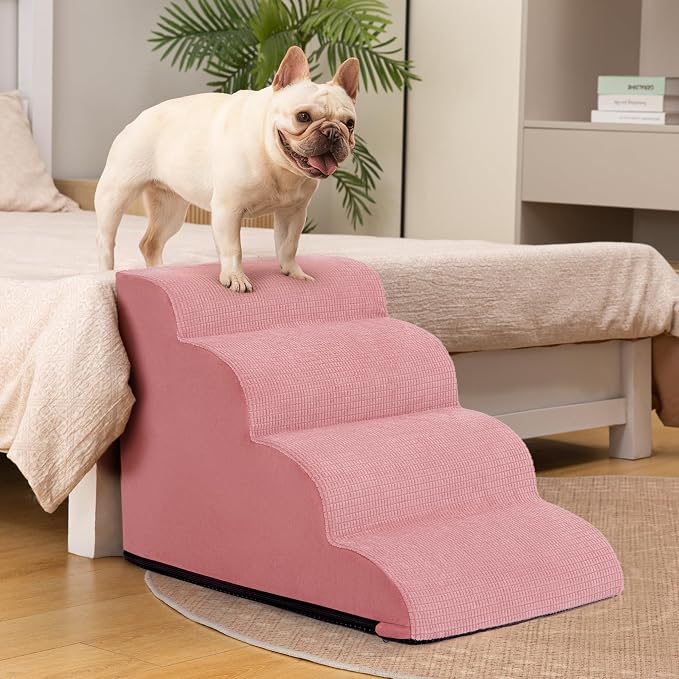 4-Step Dog Stairs for Bed or Couch, Pink Pet Ramp for Small Dogs, Cats | Aodisman Elegant Pink Dog Ramp Designed for Dogs and Cats, Ideal for Beds and Couches, Providing Comfortable Access, 17.7" H