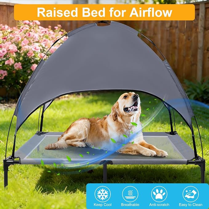 48'' Outdoor Elevated Dog Bed with Canopy, Raised Dogs Bed, Dog Cot(Large) | Outdoor Dog Bed with Canopy Medium Large Size Dogs with Ice Pack, Dog Cooling Beds, Outdoor Pet Hammock Beds, Outside Pet Bed