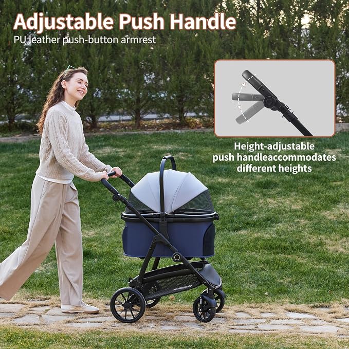 3-in-1 Pet Stroller for Medium Dogs & Cats, Detachable Aluminum Frame Carrier, All-Terrain 4-Wheel Dog Travel Carriage, Shock Absorption, Easy-Entry Low Door, Max 55lbs - Blue Grey