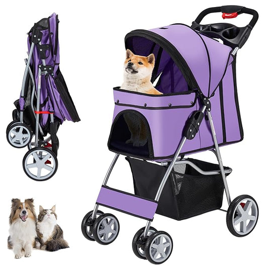 Unisakey 4 Wheels Pet Stroller for Small Medium Dogs Cats 10-33 lbs, Foldable Dog and Cat Stroller with Cup Holder & Storage Basket & Breathable Mesh, Pet Strolling Cart for All-Season, Purple