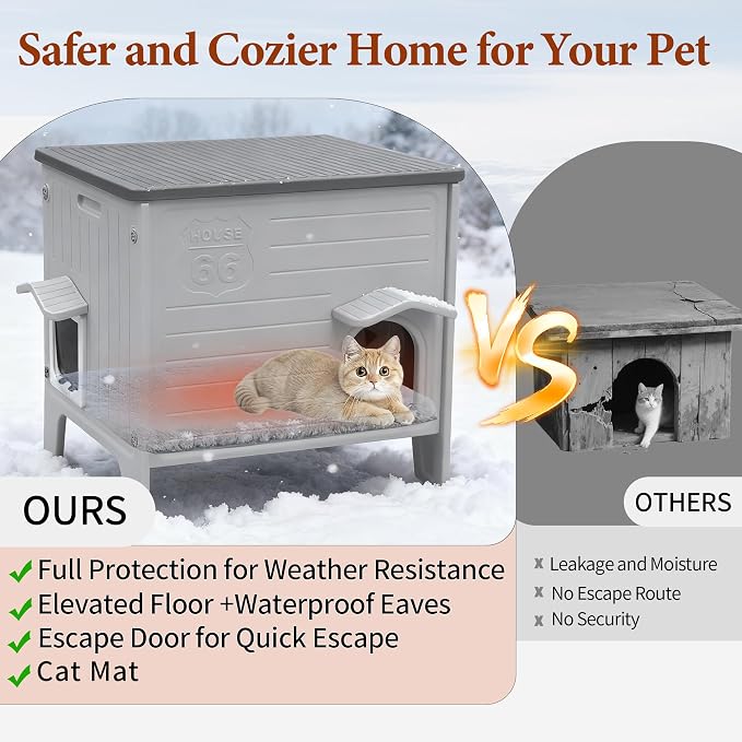 Cat House Outdoor with Cat Mat Large Weatherproof Plastic Cats Shelter | Weatherproof Cat House with Escape Door Indoor Waterproof Feral/Pet Cat Shelter Outside for Multiple Cats