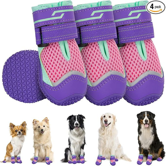 SlowTon Dog Shoes for Large Small Medium Dogs - Breathable Dog Boots for Summer Hot Pavement, Paw Protector for Outdoor Walking Winter Snow, Anti-Slip Rubber Dog Booties for Hard Floor (Purple PI, 3)