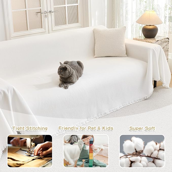 MYSKY HOME Couch Cover for Dogs Washable Couch Covers Couch Covers for Sofa Couch Cover 2 Cushion Sofa Non Slip Dogs Furniture Protector with Tassels Chenille Sofa Covers for Pets, 71"x102", White