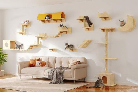 26-in-1 Cat Wall Shelves with Cat Tree, 40''L Tunnel, Moon, Beige | Wall Mounted Cats Furniture Set with Plush Fabric, Cat Climbing Systems for 16 Inch Drywall, with Scratching Posts, Bridge