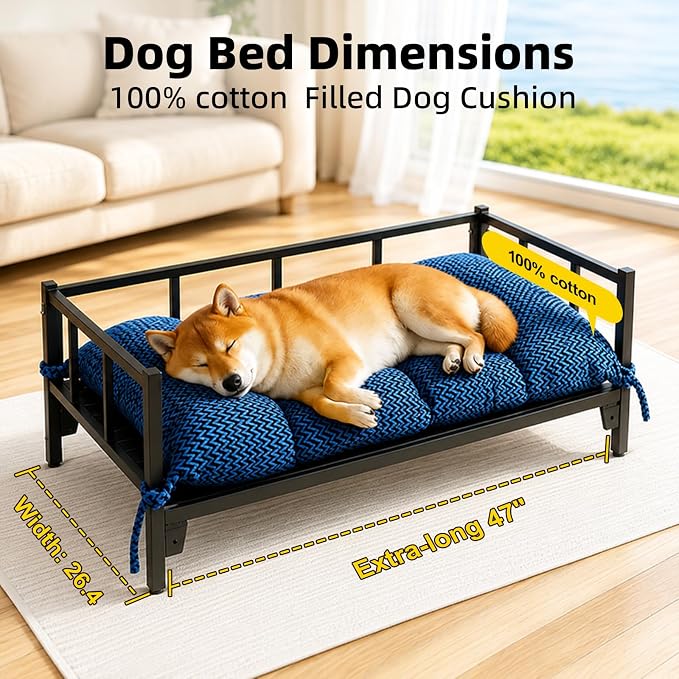 Indestructible Elevated Steel Dog Bed Frame 47"x 27"x 12" with Washable Cushion Mat, Raised Pet Cot Supports 220lbs Large Size Dog,Sturdy, Durable, No-Slip Feet, for Indoor & Outdoor,Matte Black