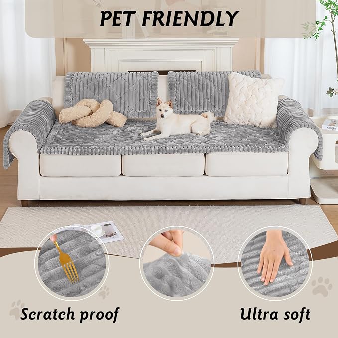 PuTian 100% Waterproof Fuzzy Couch Cover for Dogs Light Grey 27.6"x27.6" | Pet Friendly Dog Mat for Couch, Waterproof Sofa Protector, Scratch Resistant Furniture Cover for Dogs, Machine Washable