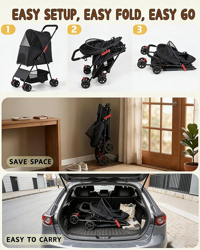 Pet Stroller for Small Medium Dogs Cats - Lightweight Foldable Dog Stroller | 33lbs, 4 Wheels All Terrain Cat Stroller, Breathable Mesh & Safety Tether, Storage Basket for Outdoor Walks-BLACK