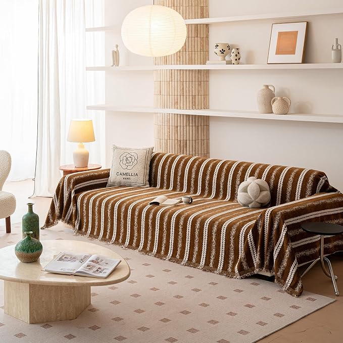 VClife Sofa Cover Bohemian Striped Pattern Couch Cover for 2 Cushion Sofa - Caramel Brown Creamy White Textured Sofa Slipcover Washable Furniture Protector for Couch Decorative Couch Cushion Cover