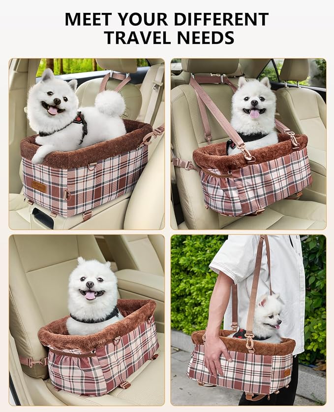 BurgeonNest Center Console Dog Car Seat for Small Dogs up to 9 lbs Cute Plaid