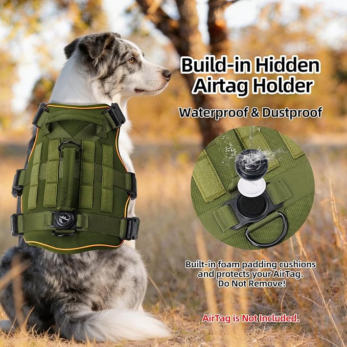 Reflective Tactical Dog Harness with AirTag Holder&3 Pet Patches, Green M | Heavy Duty No Pull Dog Harness, Adjustable Dog Harness, Two Handles, Breathable Mesh Padding, Resists Dirt and Stay Clean