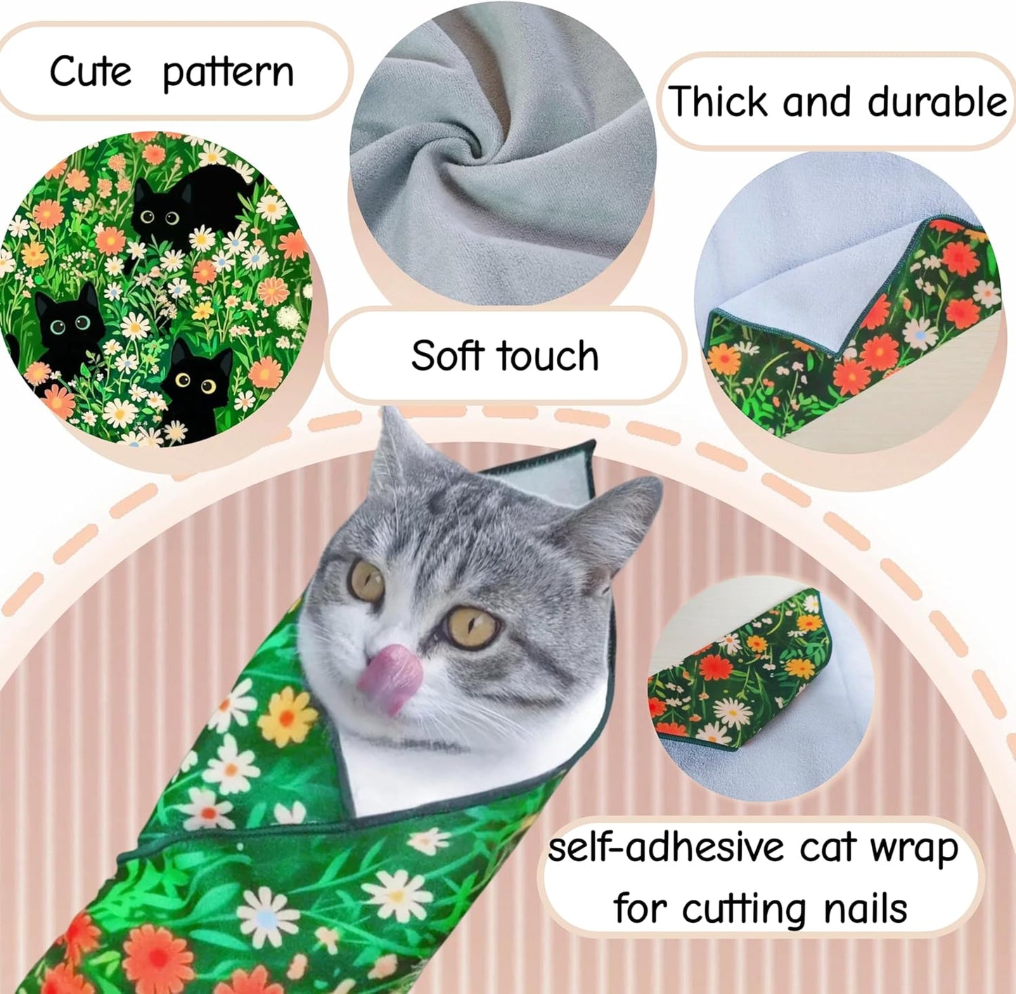 Cat Grooming Wrap Cat Wrap for Cutting Nails Cat Burrito Wrap 19.96 inch(Within 6Lbs) Cat Swaddle Nail Clipping, Teeth Brushing, Ear Cleaning Self-Adhesive Magic Cloth Cat Restraint