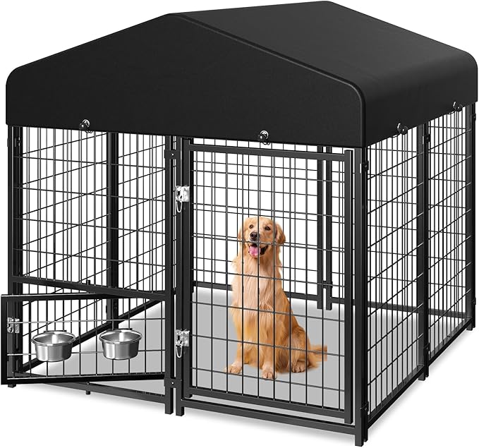 Dog Kennel Outdoor, Weatherproof Outside Dog Kennel with Roof & Swivel Feeders and Removable Dog Door, Outdoor Kennels Dog Enclosure Run for Medium Large Dogs (5'L x 5'W x 5'H)