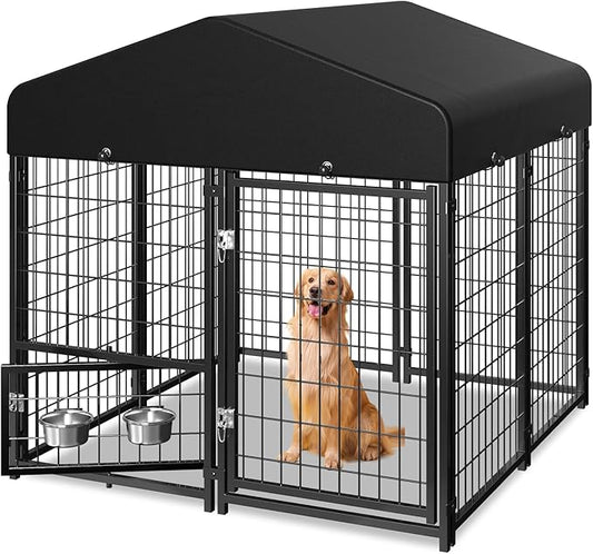 Dog Kennel Outdoor, Weatherproof Outside Dog Kennel with Roof & Swivel Feeders and Removable Dog Door, Outdoor Kennels Dog Enclosure Run for Medium Large Dogs (5'L x 5'W x 5'H)