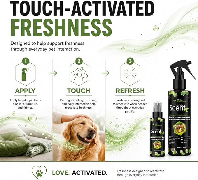 Pet Freshening & Odor Neutralizing Spray for Dogs, Cats, Fabrics, Pet Beds & Furniture, Fresh Between Baths, Touch-Activated Freshness, 98% Natural, Alcohol-Free Formula - Spring Mist (50mL) | Long-lasting Spring Mist freshness with nanoSCENT Technolog...