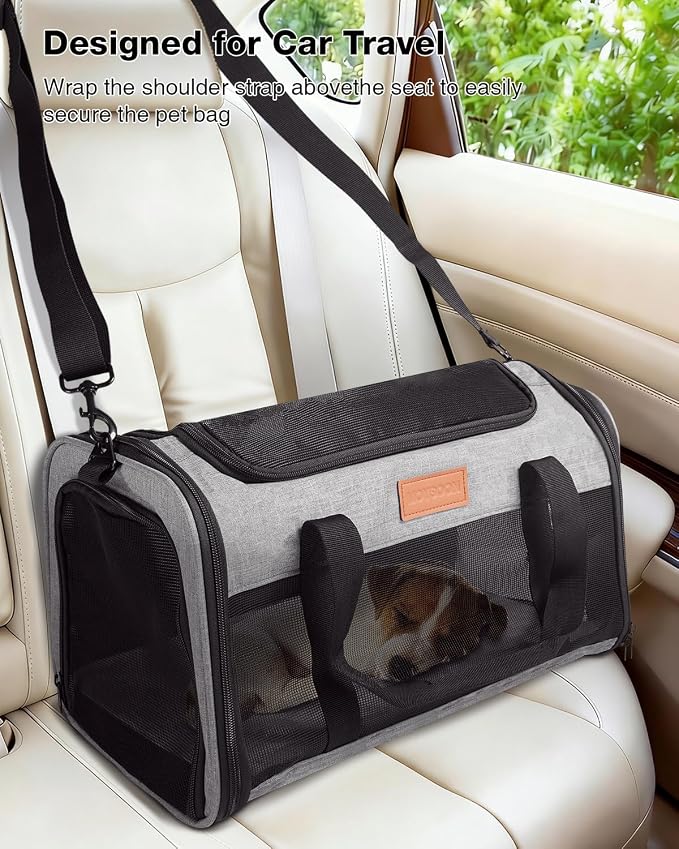 Pet Carrier Airline Approved for Pets Up to 10 Lb, 17x11x9.5 in | Underseat, Top & Side Entry Soft Dog Cat Travel Carrier with Safety Zippers & Anti-Scratch Mesh for Small Cat and Dog, Grey