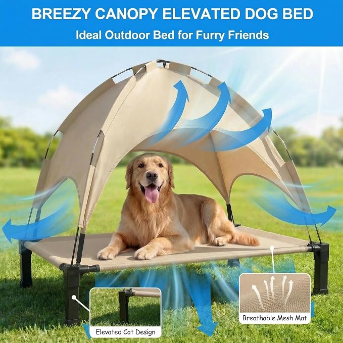 Elevated Dog Bed with Canopy Raised Pet Cot for Large Dogs, Outdoor Dog Cot with Removable Sun Shade Tent, Breathable Mesh Portable Dogs Cot for Camping, Beach, Backyard, Outdoor Use