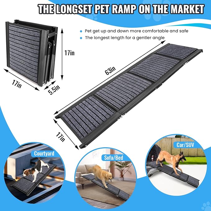 Folding Dog Ramp for Cars, 63"x17" Large Dog Ramp for SUV & Truck, Non-Slip Surface & Side Handle, Portable Pet Ramp