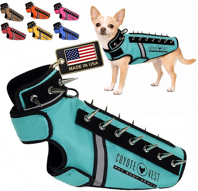 CoyoteVest SpikeVest Dog Harness, Made in the USA, XXS-Turquoise | Stab-Resistant Protective Vest | Coyote Vest for Dogs | Defends Against Coyotes, Dogs, Birds of Prey | Reflective Safety