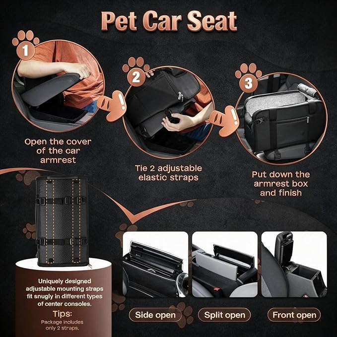 YUDODO 2-12lbs Center Console Dog Car Seat, Pet Booster Seat for Small Dogs | Portable Puppy Cat Seat, PU Leather, Waterproof, Wipe Clean, Safe & Durable, Side Pockets, for Truck & SUV-Width>8in, Black