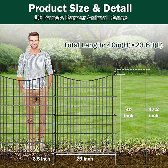 10 Panels No Dig Dog Fence Outdoor for Yard, 40 in(H) X 23.6 ft(L) Decorative Tall Garden Fence Animal Barrier, Rustproof Metal Wire Garden Edging and Borders, Temporary Fencing Stakes